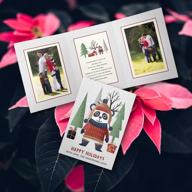 Tarjeta Festiva Tríptica Panda de invierno y Navidades de árboles multifoto (Subido por el creador)