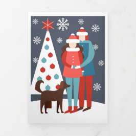 Tarjeta Festiva Tríptica Pareja de Navidad con perro y árbol personalizado