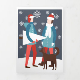 Tarjeta Festiva Tríptica Pareja Gay Navidad Perro Y Árbol Personalizado