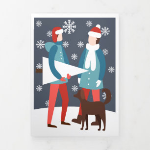 Tarjeta Festiva Tríptica Pareja Gay Navidad Perro Y Árbol Personalizado