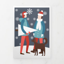 Tarjeta Festiva Tríptica Pareja Gay Navidad Perro Y Árbol Personalizado