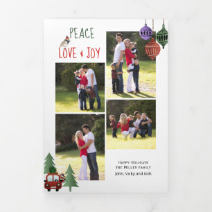 Tarjeta Festiva Tríptica Paz amor y alegría, árboles y adornos rojos