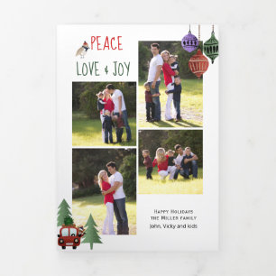 Tarjeta Festiva Tríptica Paz amor y alegría, árboles y adornos verdes