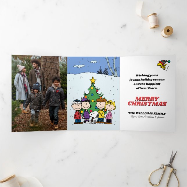 Tarjeta Festiva Tríptica Peanus Feliz Navidad | Añadir su foto y nombre (Interior)