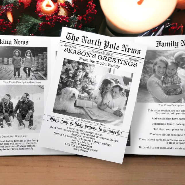 Tarjeta Festiva Tríptica Periódico de Navidades de noticias del Polo Norte  (North Pole News Christmas Newspaper Personalized Tri-Fold Holiday Cards from Ricaso. Novelty cards)