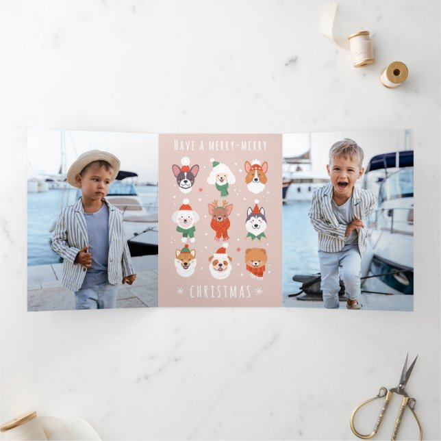 Tarjeta Festiva Tríptica Perritos Feliz Navidad (Interior)