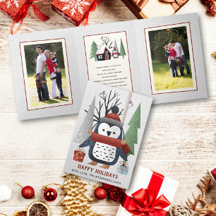Tarjeta Festiva Tríptica Pingüino de invierno y Navidades arbóreos multifot