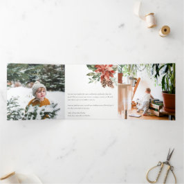 Tarjeta Festiva Tríptica Pino Poinsettia de Navidad 3 Acuarela fotográfica