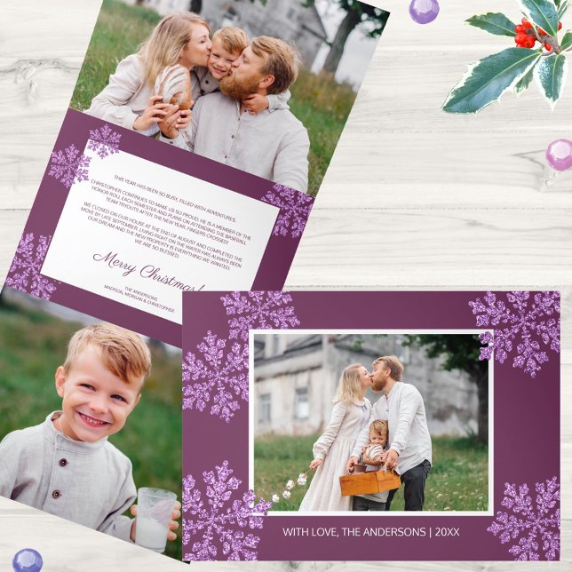 Tarjeta Festiva Tríptica Plum Bling Elegant 5 Collage de fotos (These personalized purple snowflake tri-fold holiday cards will deliver Christmas cheer)