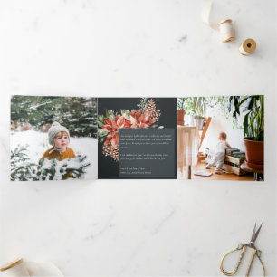 Tarjeta Festiva Tríptica Poinsettia de Navidad Paz Navy Negro Pino 3 Foto