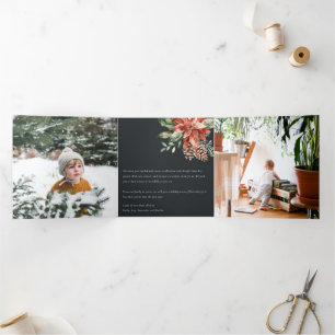 Tarjeta Festiva Tríptica Poinsettia de Navidad Paz Navy Negro Pino 3 Foto
