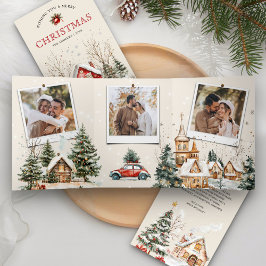 Tarjeta Festiva Tríptica Pueblo de invierno en acuarela rústica Navidad fot