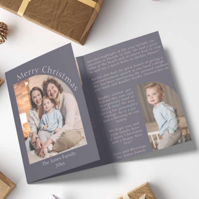 Tarjeta Festiva Tríptica Purple Modern Arch Year in Review Family Update (purple and cream year in review christmas card arch photo boho modern)