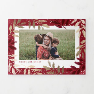 Tarjeta Festiva Tríptica Ramas doradas Feliz Navidad 5 Fotos