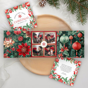 Tarjeta Festiva Tríptica Rojo Verde Chinoisería Festiva 4 Foto Navidad