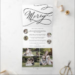 Tarjeta Festiva Tríptica Romantic Merry Christmas Multi Photo<br><div class="desc">Esta romántica y alegre tarjeta de vacaciones multipliega de Navidad es el año simple perfecto para ver el saludo de vacaciones. El moderno diseño clásico presenta vistosos remolinos y florituras con una preciosa y elegante tipografía con letras a mano. Personalizar tu tarjeta de vacaciones triple con 7 fotos, un boletín...</div>