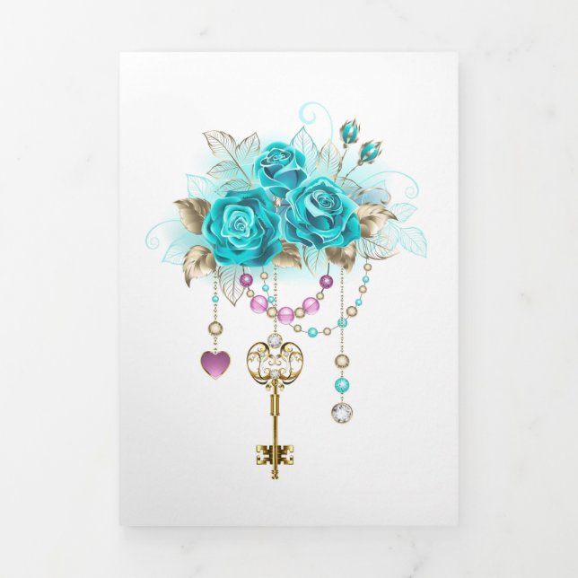 Tarjeta Festiva Tríptica Rosas turquesas con llaves (Foto de portada)