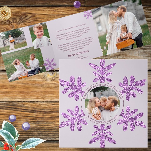 Tarjeta Festiva Tríptica Snowflake Glam Purple Único 7 Pic Multi Photo (Tri-fold Christmas cards with your photos and purple faux glitter snowflakes - what's not to love?)