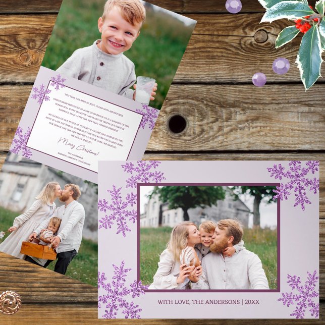 Tarjeta Festiva Tríptica Snowflake Purple Glam Elegant 5 Collage de fotos (This Christmas color trend is purple and these faux glitter snowflakes deliver the glam)