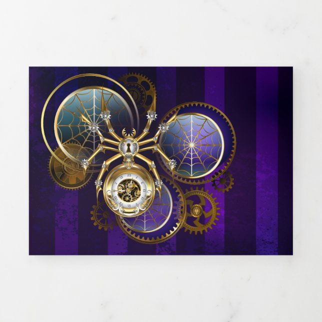 Tarjeta Festiva Tríptica Spider Steampunk sobre fondo morado (Foto de portada)