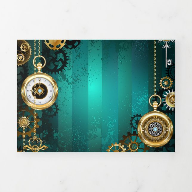 Tarjeta Festiva Tríptica Steampunk Jewelry Watch sobre un fondo verde (Foto de portada)