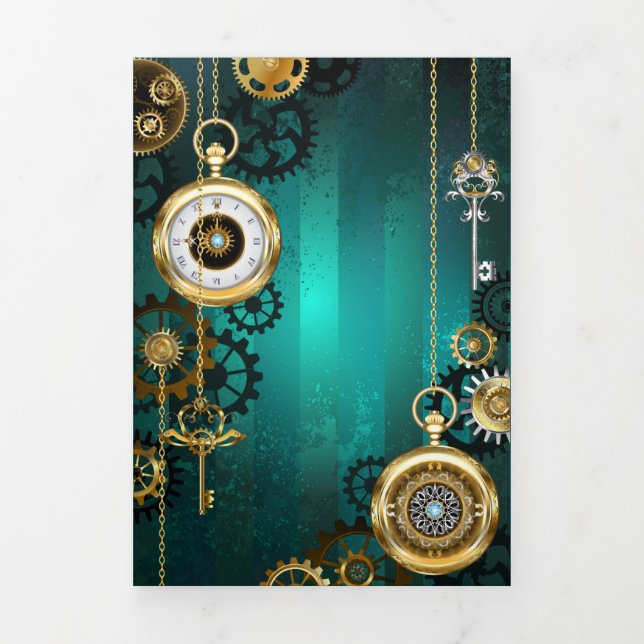 Tarjeta Festiva Tríptica Steampunk Jewelry Watch sobre un fondo verde (Foto de portada)