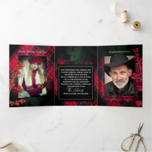 Tarjeta Festiva Tríptica Tartán colocado rojo guión blanco personalizado