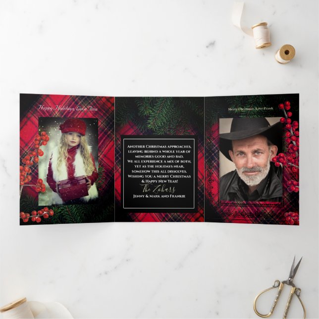 Tarjeta Festiva Tríptica Tartán colocado rojo guión blanco personalizado (Interior)