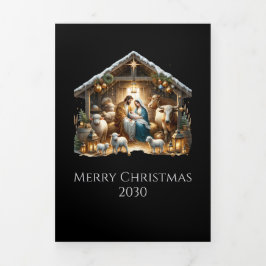Tarjeta Festiva Tríptica Traditional Nativity Scene Church Christmas