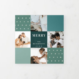 Tarjeta Festiva Tríptica Verde Azul Turquesa Cuadros 7 Foto Feliz Navidad