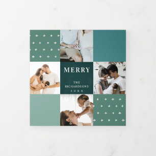 Tarjeta Festiva Tríptica Verde Azul Turquesa Cuadros 7 Foto Feliz Navidad