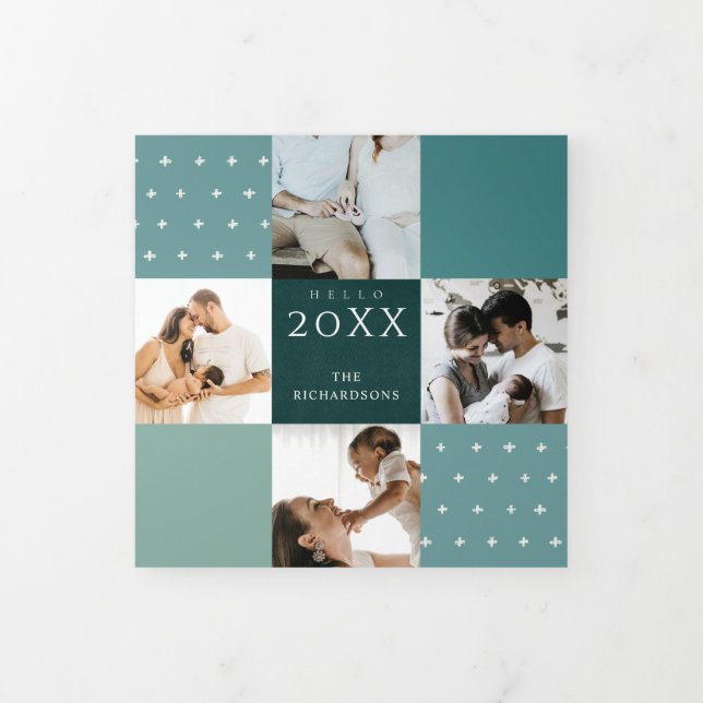Tarjeta Festiva Tríptica Verde Azul Turquesa Cuadros 7 Foto Hola 2022 Año N (Foto de portada)