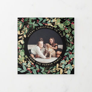 Tarjeta Festiva Tríptica Verde dorado negro   Navidades multifotográficos