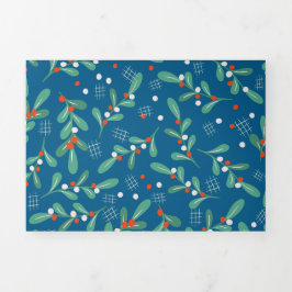 Tarjeta Festiva Tríptica Verdes navidades con Holly Berries Blue Red White