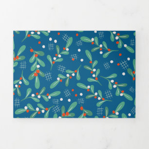 Tarjeta Festiva Tríptica Verdes navidades con Holly Berries Blue Red White