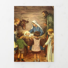 Tarjeta Festiva Tríptica Vintage Christmas, Religious Nativity w Baby Jesus
