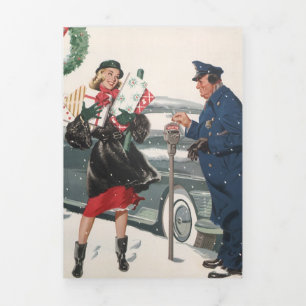 Tarjeta Festiva Tríptica Vintage Christmas, Shopping presenta al policía