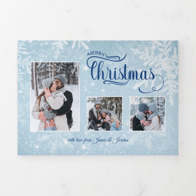 Tarjeta Festiva Tríptica Winter Snowflakes 3-Photo Merry Christmas Script (Foto de portada)