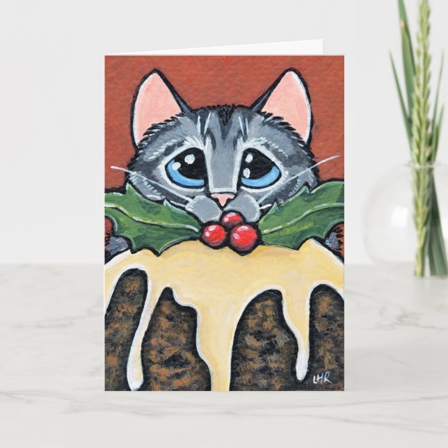 Tarjeta Festiva Triste gato y Navidades de Tabby pintando (Anverso)