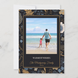 Tarjeta Festiva Tropical Blue Gold Flowers Warm Wishes