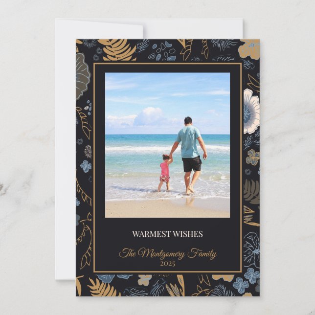 Tarjeta Festiva Tropical Blue Gold Flowers Warm Wishes (Anverso)