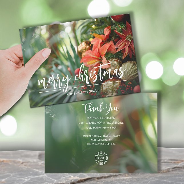 Tarjeta Festiva Tropical Christmas Business Logo (Palms and poinsettias Christmas business logo greeting cards, PRINTED and/or INSTANT DOWNLOAD)