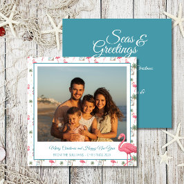 Tarjeta Festiva Tropical Christmas Pink Flamingo Family Photo