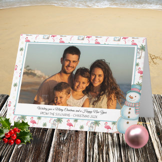 Tarjeta Festiva Tropical Christmas Pink Flamingo & Palm Tree Photo