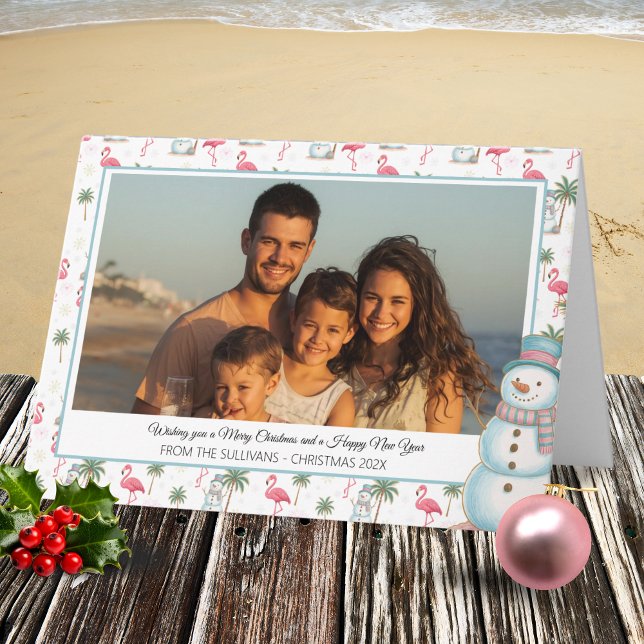 Tarjeta Festiva Tropical Christmas Pink Flamingo & Palm Tree Photo (Pink Flamingo Tropical Christmas Holiday Photo Card with White background)