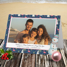 Tarjeta Festiva Tropical Christmas Pink Flamingo & Palm Tree Photo