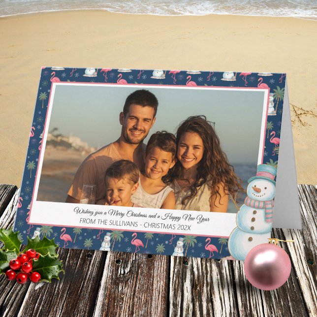 Tarjeta Festiva Tropical Christmas Pink Flamingo & Palm Tree Photo (Pink Tropical Christmas Photo Holiday Card)