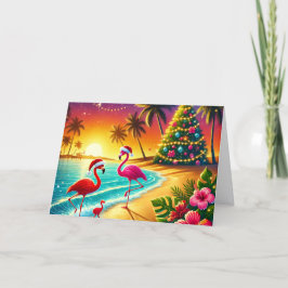 Tarjeta Festiva Tropical Flamingos on Beach Christmas Holiday Card