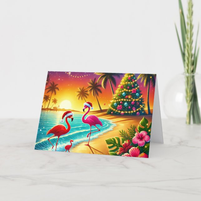 Tarjeta Festiva Tropical Flamingos on Beach Christmas Holiday Card (Anverso)