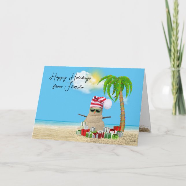 Tarjeta Festiva Tropical Happy Holidays Sand Man (Anverso)